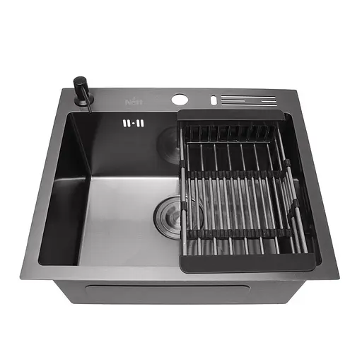 Кухонная мойка черная 45 см накладная из нержавеющей стали Nett NВ-5245, Черный - фото 9