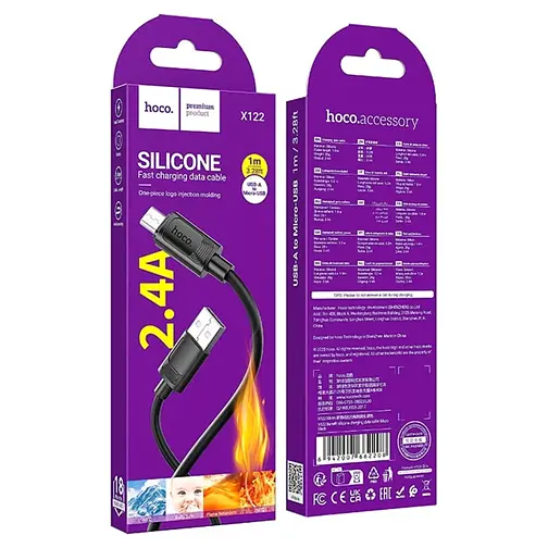 Кабель для заряджання Hoco X122 USB Micro USB міцний силіконовий матеріал 1 метр Чорний - фото 5