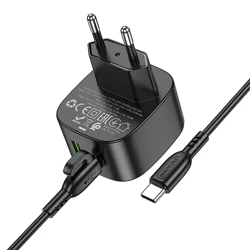 МЗП Borofone BAS22A Fortune PD20W+QC3.0 (1USB-A/1C) + кабель Type-C to Type-C Black - фото 2