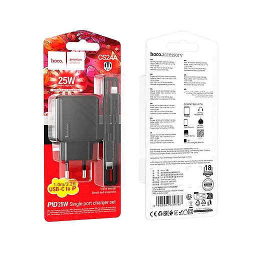 Адаптер сетевой Hoco Type-C to Lightning Cable Puerto single-port charger set CS24A |1Type-C, 25W/3A| - фото 2