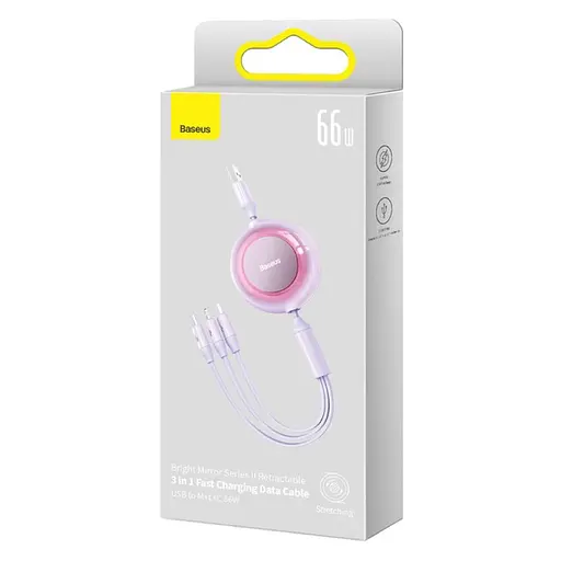Кабель Baseus Bright Mirror 2 Series Retractable 3-in-1 Fast Charging Data Cable USB to M+L+C 66W 1.1m Purple - фото 2