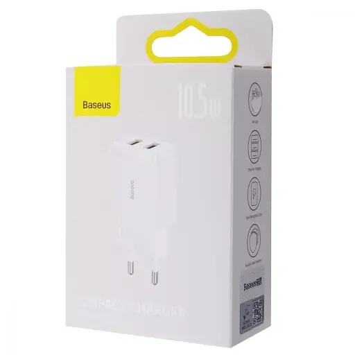 Адаптер зарядный - блок на 2 выхода Baseus Compact 10,5 W (2 USB) белый - фото 4