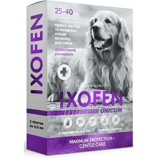 Краплі проти іксодових кліщів, бліх та комарів Unicum Ixofen для собак 25-40 кг 2 піп. х 4 мл - фото 1