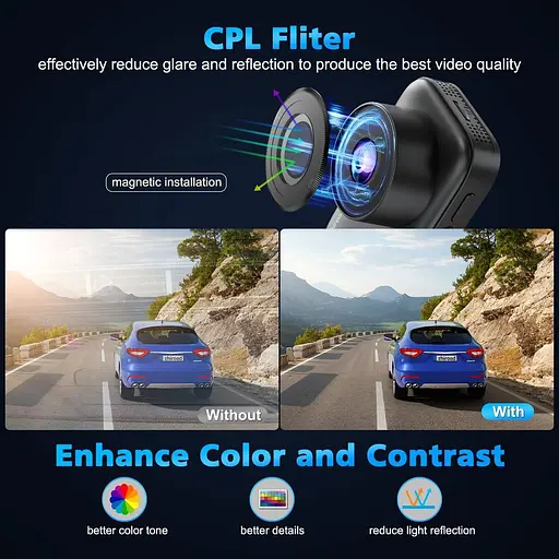 Відеореєстратор спереду та ззаду, подвійна відеореєстратор 4K з фільтром CPL, відеореєстратор для автомобілів-5 ГГц WiFi - фото 6