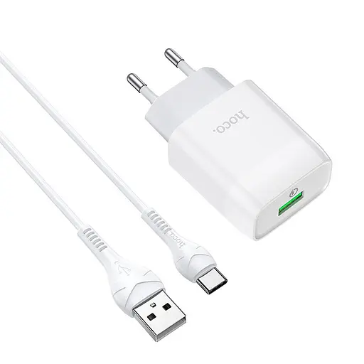 МЗП Hoco C72Q Glorious QC3.0 18W (1USB-A) + кабель USB to Type-C Білий