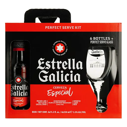 Уценка. Набор пива Estrella Galicia Especial светлое 5.5% 1.98 л (0.33 л х 6 шт.) + бокал в подарочной упаковке