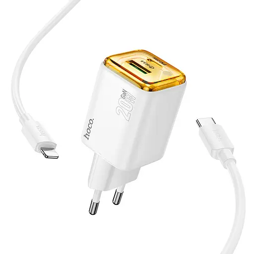 СЗУ Hoco N52 Monsoon PD20W+QC3.0 (1USB-A/1C) + кабель Type-C to Lightning White - фото 2