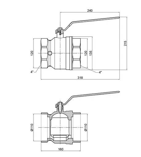 Кран кульовий Thermo Alliance Base 4" ВВ прямий, PN40, важіль SD600W100 - фото 8