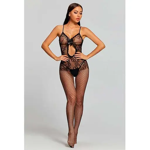 Бодістокінг з прозорою тканиною та відкритим доступом S/M Чорний K000473 - фото 4