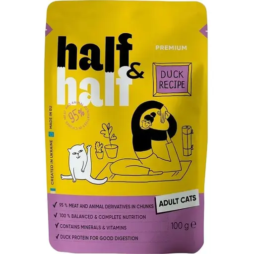 Корм влажный Half&Half для взрослых кошек кусочки с уткой в ​​соусе в форме пауча 100 г - фото 1