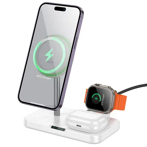 Беспроводное зарядное устройство Hoco CQ12 Joyfull 3-in-1 wireless fast charger Белый - фото 1