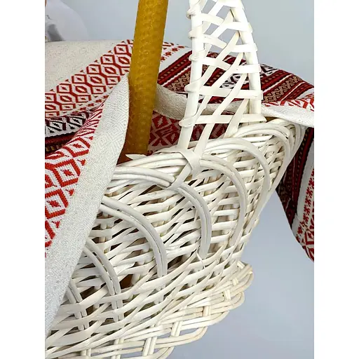 Комплект Великодній кошик Галичина білий з рушником 70х45 см Промінь червоний та свічка - фото 3