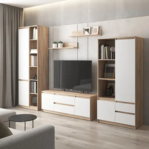 Комплект мебели в гостиную VAYS шкаф R-26, шкаф R-27, тумба R-28, полки М-22, дуб сонома-белый фасад