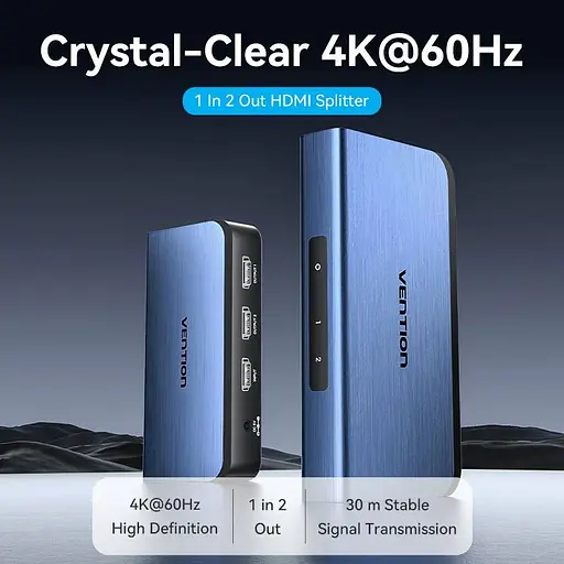 Сплиттер HDMI 2.0 UHD 4K 60Hz 3D, HDCP 1x2 ports Blue Aluminum Alloy Vention - фото 4