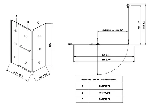 Душевая кабина без поддона Koer SR SC01-120x80x200-TR-01 прозрачное стекло Easy Clean 8 мм, хром KR5353, Универсальная, прозрачная, хром - фото 2
