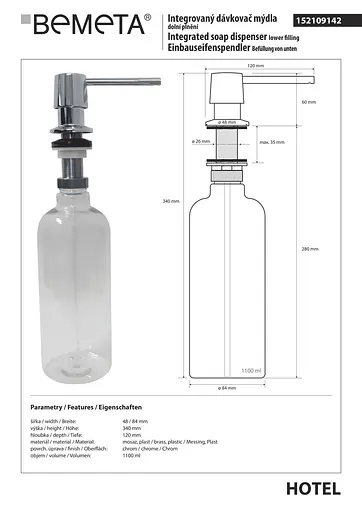 Встраиваемый дозатор для жидкого мыла Bemeta Hotel с заправкой сверху, хром глянцевый, 1000 мл 152109142, Хром - фото 2