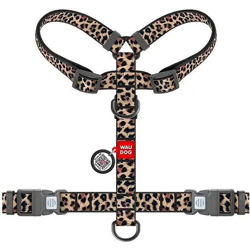 Шлей для собак анатомический H-образный WAUDOG Nylon с QR-паспортом рисунок Леопард пластиковый фастекс, M Ш 20 мм A 38-60 см B - фото 2