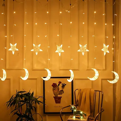 Новорічна світлодіодна гірлянда шторка дощ "Місяць і Зірки" YS-84009 138 LED 2.5 метра (теплий білий), Yu Xin 82706 - фото 1