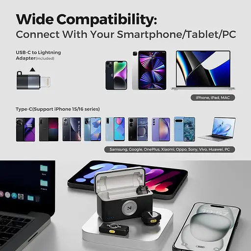 Бездротовий мікрофон Lavalier для iPhone/Android з Lightning/USB-C Plug-Play, шумозаглушення - фото 2
