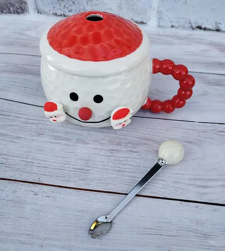 Чашка новорічна Snowman 32285 порцелянова з кришкою та ложкою 380 мл Біла з червоним - фото 3