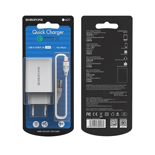 Мережевий зарядний пристрій Borofone BA21A Long QC3.0 1USB/3A/18W + Cable Micro білий - фото 3