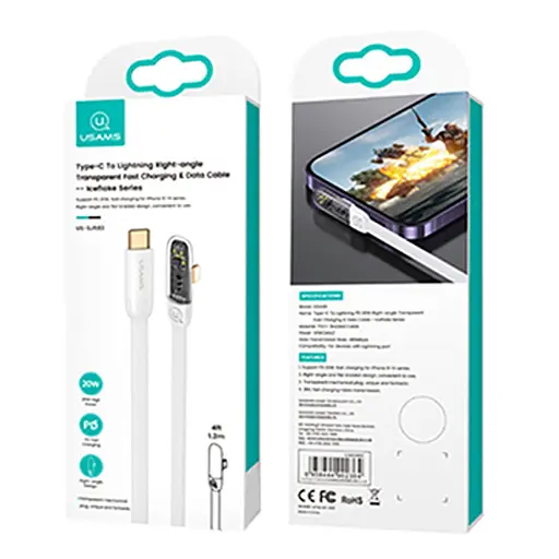 Дата кабель USAMS US-SJ583 Type-C to Lightning PD 20W Right-angle (1.2m) White - фото 3