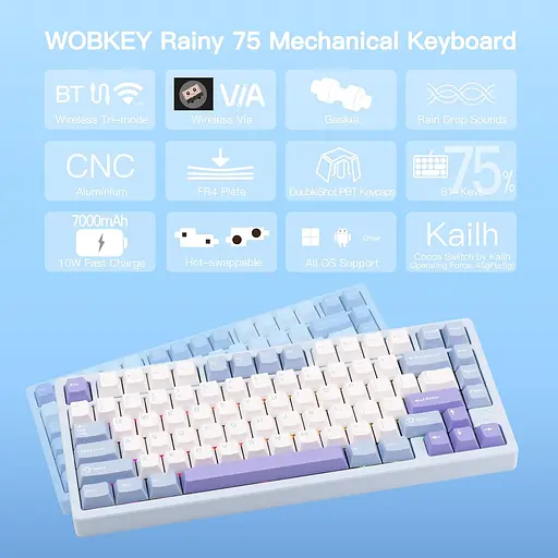 Игровая механическая клавиатура WOBKEY RAINY 75 PRO / Три режима подключения / Kailh Cocoa Switches / Blue - фото 2