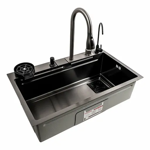 Кухонна мийка чорна PVD 75x46F Platinum Handmade Водоспад Fly rain, Чорний - фото 5