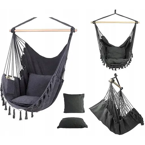 Підвісне крісло бразильський гамак BOHO 100 см + 2 шт подушки Dark Grey - фото 1