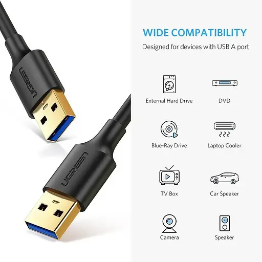 Кабель Ugreen US128 USB 3.0 A Male to Male Cable 2 м черный (10371) - фото 2