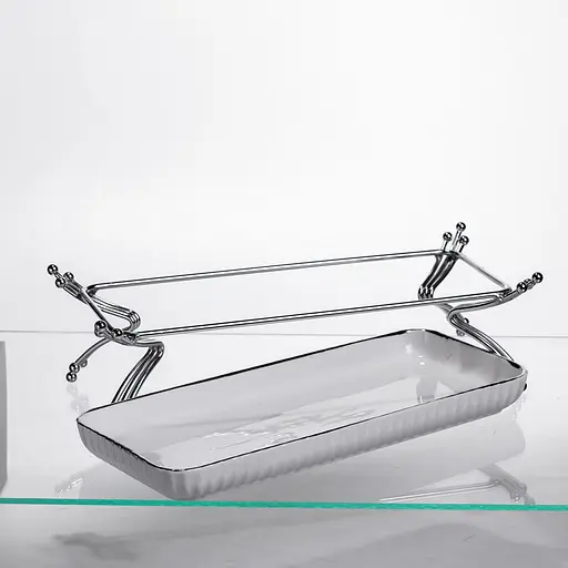 Фарфоровое сервировочное блюдо на металлической подставке 29.5×12×9 (см) блюдо для подачи закусок Белый с серебром Yiwu LB-1565S - фото 5