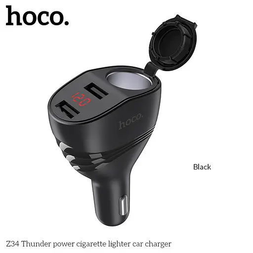 Зарядный адаптер разветвитель для авто HOCO Thunder Power Cigarette Lighter with display Z34 черный - фото 1