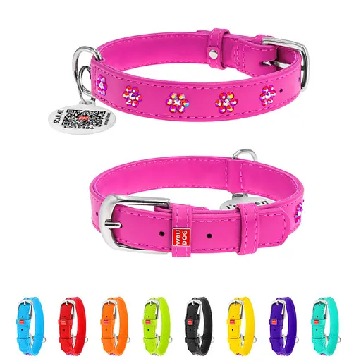 Ошейник для собак кожаный Waudog Glamour с QR-паспортом с клеевыми стразами "Цветы" Ш 20 мм Д 30-39 см - фото 2