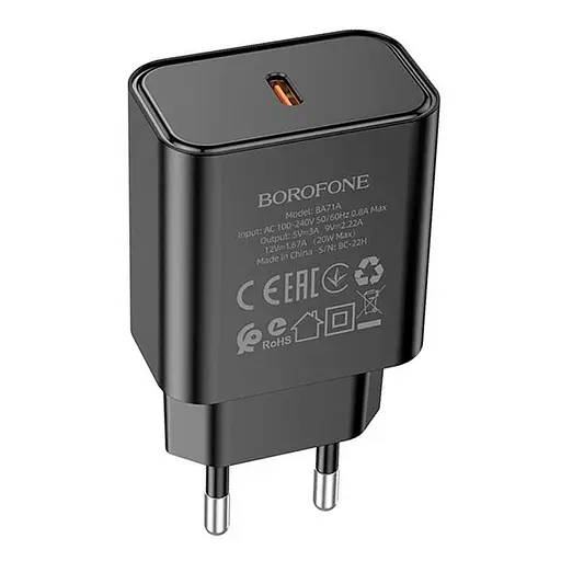 Адаптер мережевий BOROFONE Power single port charger BA71A 1Type-C 20W чорний - фото 1