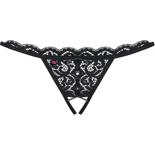 Кружевные танги с двумя отверстиями Obsessive 831-THC-1 crotchless Thong S/M, черные, бантики