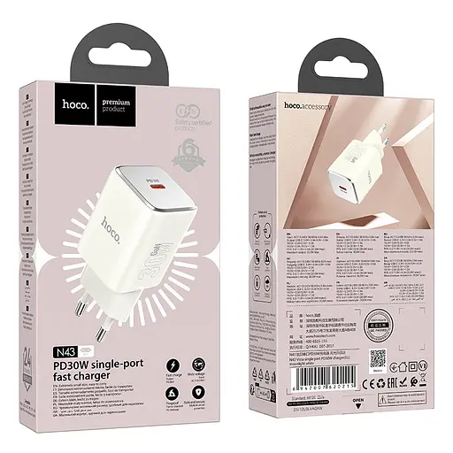 Мережевий зарядний пристрій Hoco N43 Vista single port PD30W charger(EU) Білий - фото 2