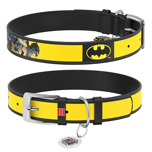 Ошейник для собак кожаный Waudog Design с QR-паспортом "Бэтмен2" XXS Ш 12 мм Д 18-24 см черный