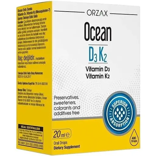 Витамин D3 и K2 Orzax Ocean D3K2 Drop, 20 мл для поддержки костей и иммунной системы