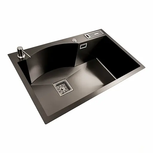 Кухонная мойка 75x46 PVD черная с подставкой для ножей Platinum Handmade HSB (квадратный сифон 3,0/1), Черный - фото 2