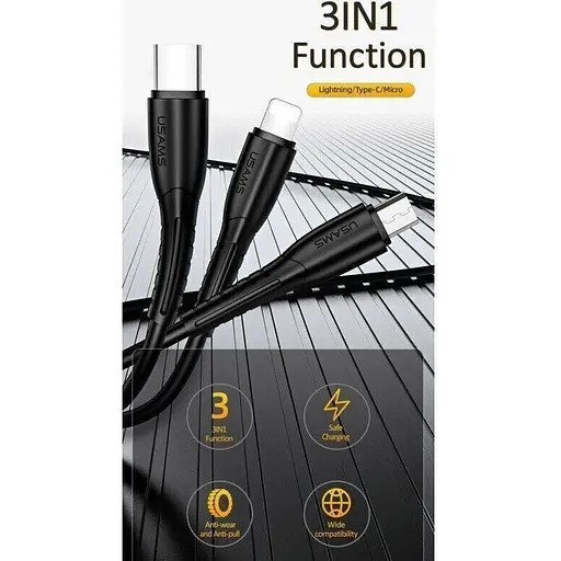 Кабель Usams US-SJ367 U35 3in1 USB-A to USB-C/Lightning/Micro-USB 2A 1m Black (SJ367USB01) [139705] - фото 10