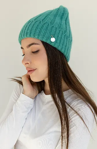 Теплая женская шапка Ангора Рейчел двухслойная с брошью Мятный - фото 2