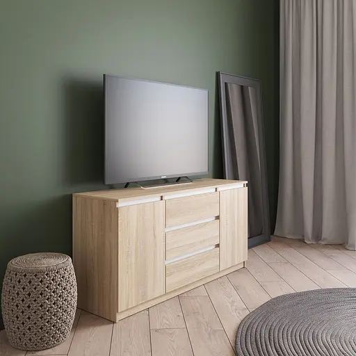 Комод під телевізор Vays R-15 Дуб Сонома-Білі планки, 3 шухляди та 2 відділення з полицями, без ручок, ЛДСП, 140×40×75 см - для спальні, вітальні