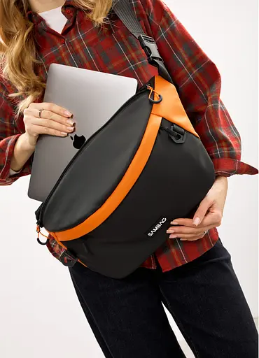 Женская сумка-бананка под ноутбук Sambag Urban Laptop черно-оранжевая 46×26 см (51411129) - фото 7
