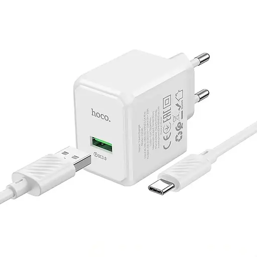 Сетевое зарядное устройство Hoco CS12A с кабелем Type-C быстрая зарядка Quick Charge 3.0 белый цвет