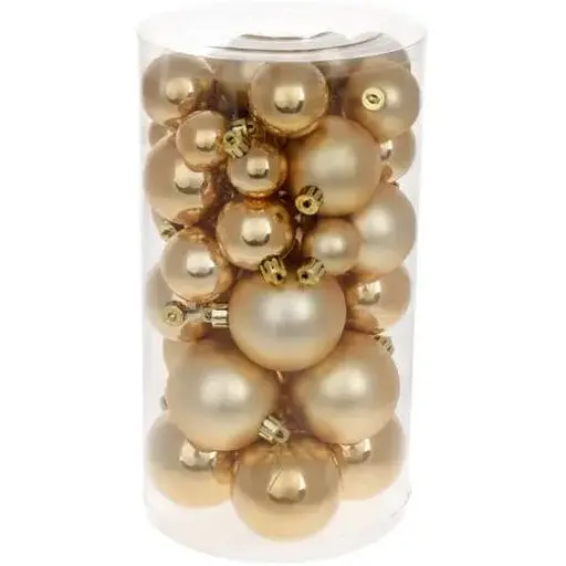 Набір золотих ялинкових куль 40 шт 3 см 4 см 5 см 6 см з перламутром пластикові у прозорій тубі - фото 1