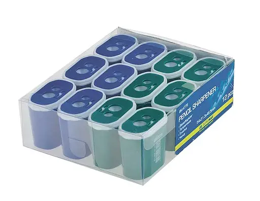 Чинка большая, 2 отверстия, пластиковый корпус, с контейнером, 12 шт.