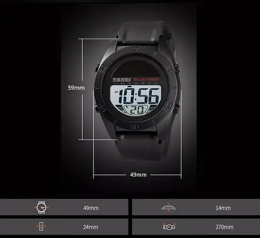 Мужские спортивные наручные часы Skmei 1592 Solar с солнечной батареей (Черный) - фото 6