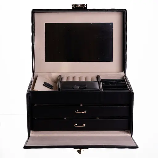 Скринька для прикрас з екошкіри 3 яруси з дзеркалом 22.5×15.5×13 см органайзер для прикрас Чорний Yiwu HP-5-17B - фото 1