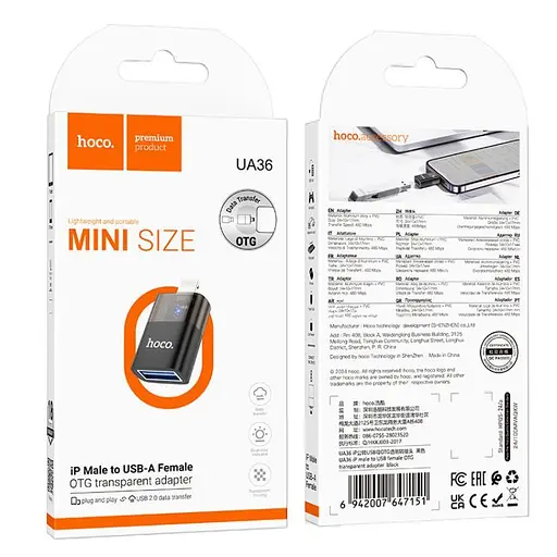 Переходник Hoco UA36 iP male to USB female OTG transparent adapter черный - фото 2