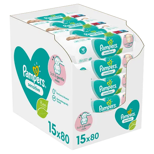 Уценка. Набор детских влажных салфеток Pampers Sensitive, 1200 шт. (15 упаковок по 80 шт.)